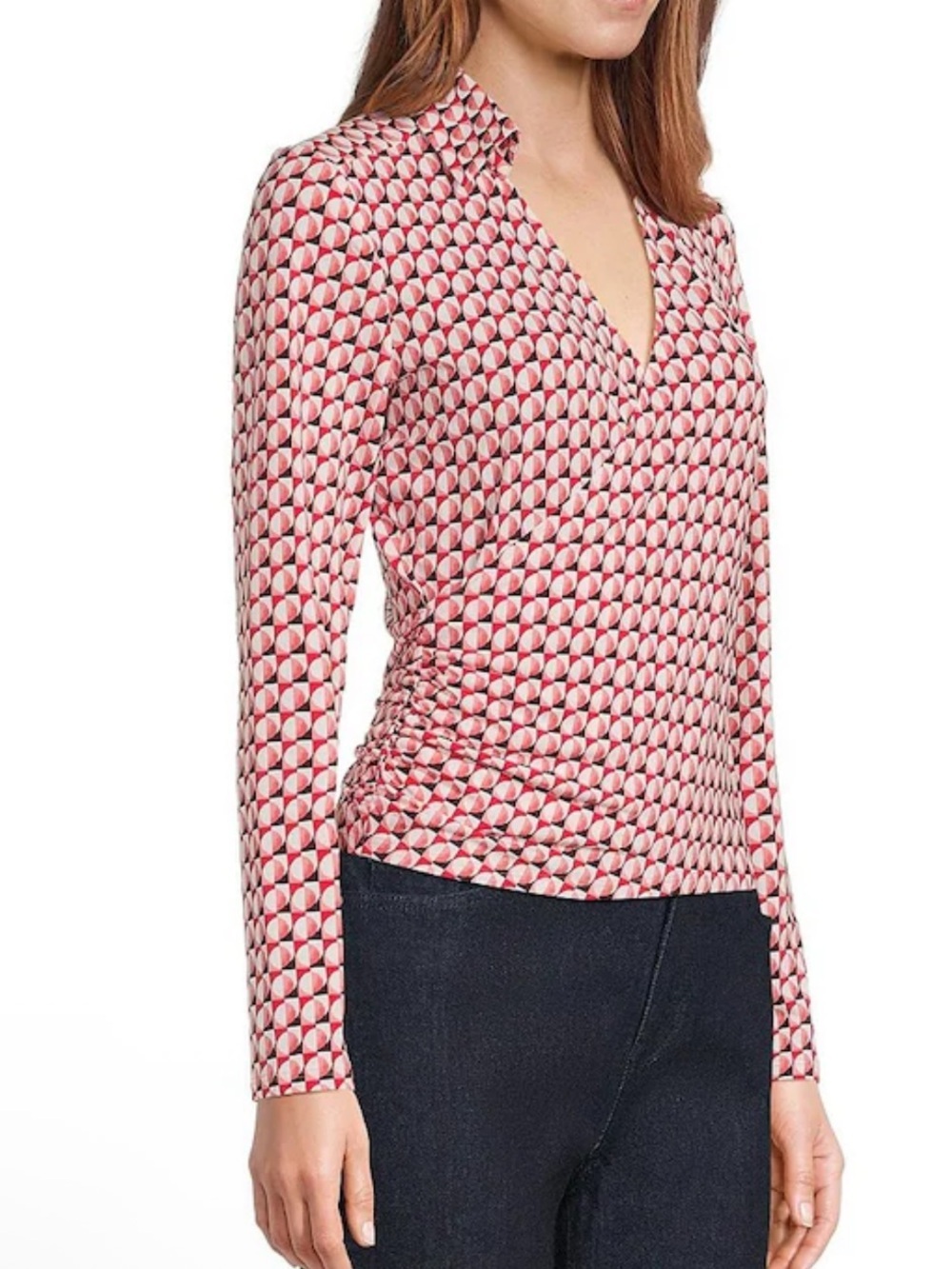 NIC+ZOE Geo Circles Vneck Red White Geometric Wrap Long Sleeve Top Small